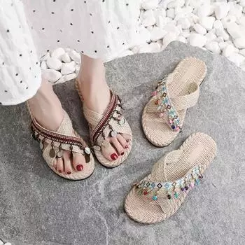 Fashion New Summer Flax Slippers Women Home Casual Slippers Ladies Casual Cross Strap Platform Shoes Linen Slippers Female Beach Sandals 35