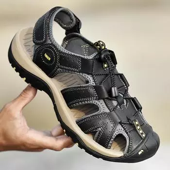 Модные новые летние мужские сандалии из высококачественной коровьей кожи для ходьбы на открытом воздухе, нескользящие пляжные сандалии, повседневная обувь ручной работы 38 чёрный