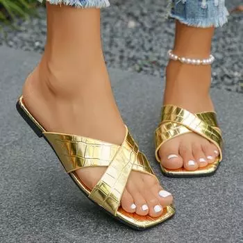Fashion New Summer Slippers Women s Square Toe Square Heel Open Toe Sandals Cut-out Breathable Flat Slip Sandals 36 серебряный