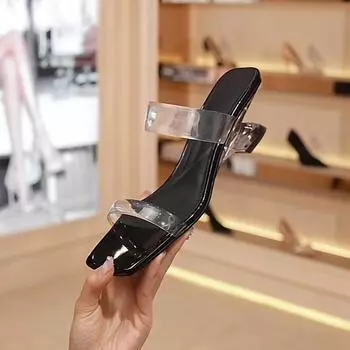 Fashion NEW Summer Women s High-heeled Slippers Square Toe Chunky PVC Design Thin Band Combination Fashion Party High-heeled Slippers 35 чёрный