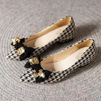 Fashion New Thick Heel Shoes Women s 2024 Spring New All-match Pointed Toe Flat Shoes Houndstooth Bow Shallow Mouth Medium Heel 35 чёрный