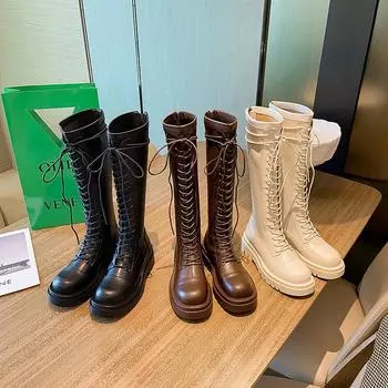 Fashion New Thicken Winter Knight Boots Women Knee High Long Square Heel Retro Motorcycle Black White Botas Mujer 35 коричневый