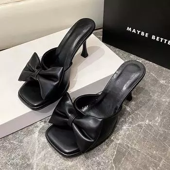 fashion New Trend Summer Butterfly-Knot Mule High Heels Women s Sandal Pumps 2024 Sexy Pointed Toe Slingbacks Ladies Party Shoe 35-43 35 чёрный