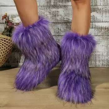 fashion New Winter Fur Onepiece Raccoon Fur Female Snow Boots Fur Shoes Outdoor Mid Leg Boots Women Fashion Y2K Fluffy Snow Boots 36-44 36 чёрный