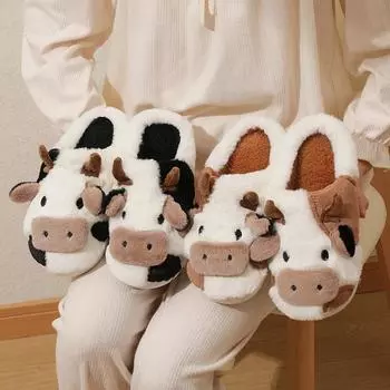 Fashion New Winter Unisex Cartoon Cow Warm Plush Slippers Couple s Indoor Non-slip House Mule Men And Women Toe Wrap Home Cotton Shoes 36-37 чёрный
