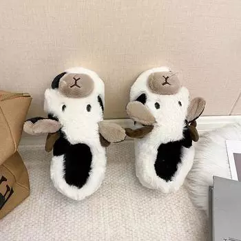 Fashion New Winter Unisex Cartoon Cow Warm Plush Slippers Couple s Indoor House Slides Men And Women Toe Wrap Home Cotton Shoes 36-37