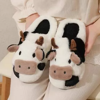 Модные новые зимние унисекс мультяшные коровьи теплые плюшевые тапочки для пар, домашние нескользящие тапочки для мужчин и женщин, домашняя хлопковая обувь с обхватом носка 36-37 чёрный