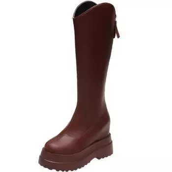 Модные новые зимние женские сапоги до колена 2024 года, модные панк-сапоги на платформе, массивные женские длинные сапоги из мягкой кожи на молнии, повседневные лодки для верховой езды 10 см 34 коричневый