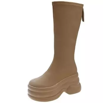 fashion New Winter Women Long Sock Boots 8CM High Platform Heel Ladies Knight Boots Warm Knee-high Boots Soft Pu Leather Chunky Shoes 34