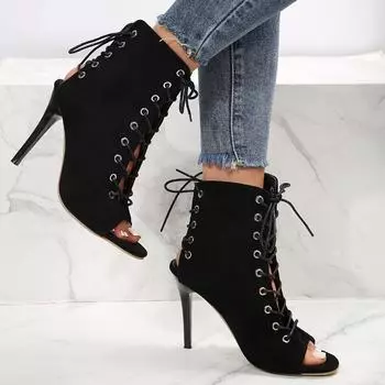 Fashion New Woman Black Latin Dance Booties Women Sexy Open Toe Lace Up Stiletto Bootie Summer Fashion High Heeled Sandals Plus Size 43 36 чёрный