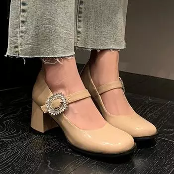 Модные новые женские туфли из натуральной кожи с пряжкой на высоком каблуке, туфли-лодочки из лакированной кожи с неглубоким носком, женские, 34-39 34 абрикосовый