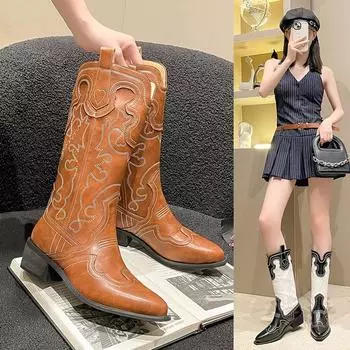 мода Новая женская винтажная мода Удобные женские сапоги до колена кожаные ковбойские сапоги осень-зима женские плоские сапоги Zapatos Mujer 34 чёрный