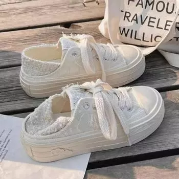 Модные новые женские парусиновые кроссовки грязные туфли студенческие парусиновые толстые растворяющиеся каблуки белые туфли на шнуровке спортивная обувь для женщин кроссовки 35 бежевый