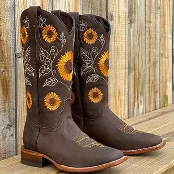 Fashion New Women Coffee Brown Embroidery Boots PU Leather Printed Western Cowboy Boots Deep V-mouth High Tube Casual Boots Classic 36 темно-коричневого