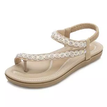 fashion New Women Flat Sandals Fashion Rhinestones Bling Women Sandals Summer Beach Sandalias Outdoor Comfortable Casual Ladies Slippers 36 бежевый