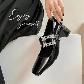 Fashion New Women Leather Shoes Brand Design Mary Jane shoes Rhinestone Buckle Square Toe Pumps Woman fashion Elegant Black Heels 4.5 чёрный