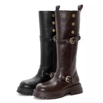Fashion New Women Motorcycle Boots Retro Brown Knee-High Belt Buckle Round Head High Women Boots Ladies Platform Boot Shoes for Women 35 чёрный