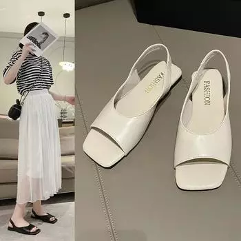 мода Новые женские туфли-лодочки на плоской подошве Сексуальные босоножки с открытым квадратным носком Гладиаторские вечерние туфли Женские туфли Босоножки с открытой пяткой Femme Et 2024 36 бежевый