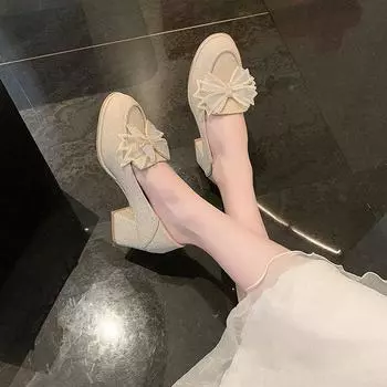 Fashion New Women s Block Pump Slip Low Heel Closed Round Toe Dress Classic Chinese Shoes Wedding Party Office Shoes for Women 35 бежевый