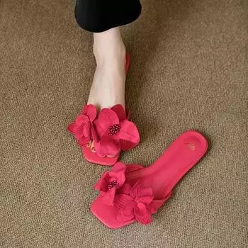 Модные новые женские туфли на плоской подошве, модные однотонные женские тапочки с открытым носком, большого размера, с цветочным декором, женская повседневная пляжная обувь 35 красный