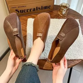 fashion New Women s Flat Shoes Solid Color Leather Spliced Ballet Flats Casual Daily Versatile Soft Ladies Loafers Shoe Zapatos De Mujer 40 коричневый