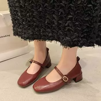 Fashion New Women s Pumps Basic Mary Jane Shoes Square Toe Buckle Strap Dress Shoes Silver Black Mid Heels Zapatos Mujer Autumn 35 чёрный