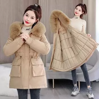 FASHION new women s removable liner with cotton thickened pie to overcome long large fur collar waist cotton-padded coat Clothes M чёрный