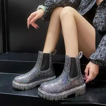 Fashion New Women s Shiny Color Fashion Rain Boots Four Seasons Wearable Water Shoes Ladies Outdoor Waterproof Mid-tube Ankle Boots 37
