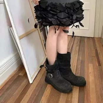 fashion New Women s Shoes 2024 Fashion Solid Color Round Toe Square Heel Women s Fashion Boots Short Tube Medium Heel Women s Boots 35 черный серый