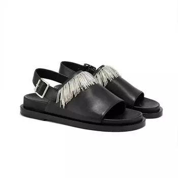 Модные НОВЫЕ женские туфли Летние повседневные пляжные сандалии с кисточками Женские тапочки с бриллиантовыми заклепками Босоножки Fairy Open Toe 35 чёрный