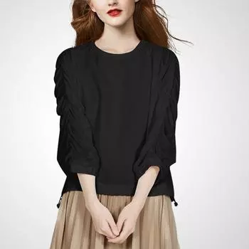 Fashion Niche Style Three-Quarter Sleeve Early Autumn Base Tops T-shirt Black- M
