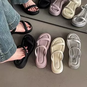 Fashion non-slip holiday wind beach sponge cake girls thick-bottomed cool slippers outer wear summer versatile waterproof table one-word drag 35 чёрный