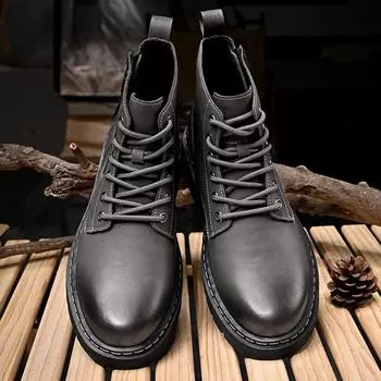 Fashion Non-Slip Leather Men s High Boots All-match Motorcycle Boots Men Outdoor Thick Bottom Round Head Waterproof Ankle Boots 38 чёрный