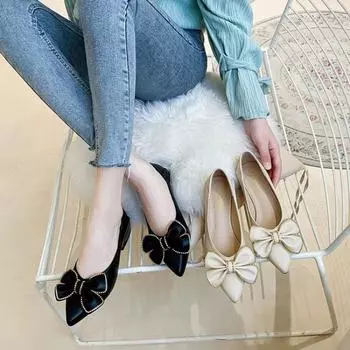 Fashion Normal Leather Casual Low Heel Elegant With Bow Pointed Toe Shoes For Women 2024 Ladies Summer Footwear A Social Chic Point Hot 35