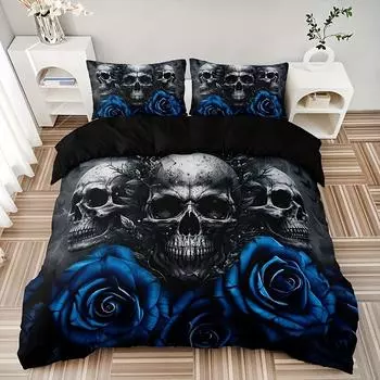 Fashion Novel Blue Rose Skull Print Bedding Set Soft Comfortable Duvet Cover For Guest Room (1*Duvet Cover + 2*Pillowcase) 2PCS Pillowcase48x74