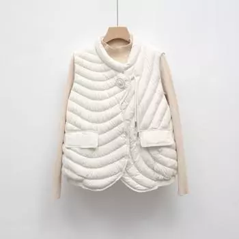 FASHION Новый пуховый жилет, новый национальный стандарт, 90 пух, повседневная зимняя легкая и простая однотонная свободная куртка с круглым вырезом, одежда M чёрный