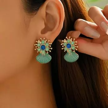 Fashion Ocean Style Ladies Jewelry, Geometric Shell Oil Drip Diamond Design Earrings Versatile Earrings