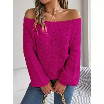 Fashion Off-the-shoulder Pullover Hollow Out Women Sweater Autumn Casual Knitted Tops Long Sleeve Loose Casual Solid Color One-word Collar Sweaters S