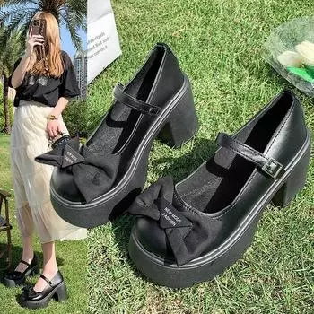 fashion One-button Round-toe Thick-soled Women s Square-heeled High-heeled Shoes 2024 Summer Women s PU Shoes 35