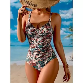 Fashion one-piece swimsuit with retro feature prints for women; try on for beach leisure vacation S