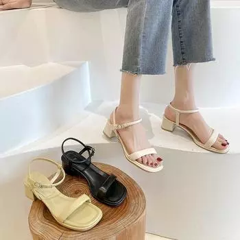 мода One Word Belt High Heel 2024 Корейская версия Temperament Толстый каблук Квадратный носок Открытый носок Простые сандалии Женские летние туфли на среднем каблуке 35 бежевый