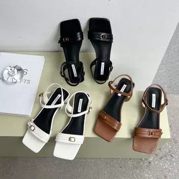 fashion Open Toe Women Sandals Belt Buckle Summer Sandals Flat Mid Heels Black White Brown Sexy Sweet Party Dress Shoes Woman 35-39 5.5 чёрный