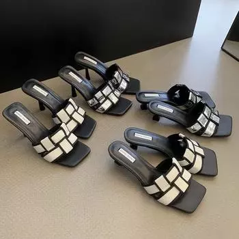 fashion Open Toe Women Sandals Slippers Weave Design Thin Mid Heels Black Dress Shoes Woman Slip On Fashion Outside Mules Party Pumps 5.5 серебряный