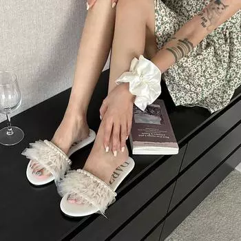 fashion Open Toe Women Slippers Lace Pearl Design Black White Summer Outside Flat Low Heels 2024 New Arrivals Casual Mules Shoes Woman 5.5 чёрный