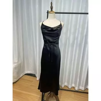 Fashion Original Order Black Camisole Swing Collar Dress Satin Black XS