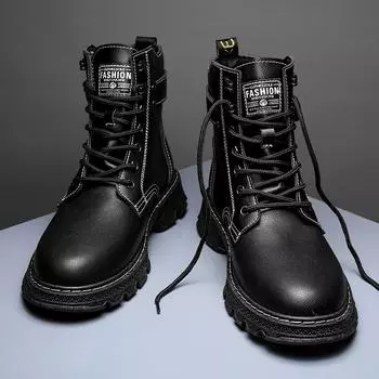 Fashion Outdoor Teen Casual Men s Boots Autumn and Winter High Top Lace-Up Martin Boots Side Zipper Leather Boots 39
