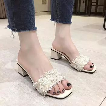 Fashion outer wear half slippers women s spring and summer new breathable slippers pointed thick heel Korean version versatile one-word high heel 34