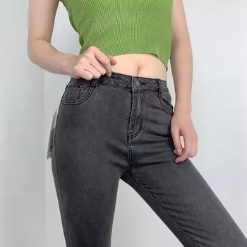 Fashion over Stretch Retro High Waist Slim Looking Peach Hip Denim Skinny Sheath Tappered Pencil Fleece-lined Pants Women Retro gray cropped pants 26