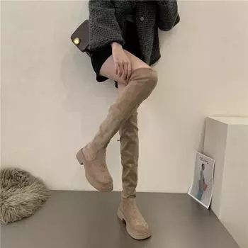 Fashion Over The Knee Cowboy Boots Women Design Platform Shoes Fashion Fur Suede Wedges Tnick High Boots Motorcycle Shoes Botas De Mujer 39 хаки