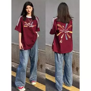 Fashion Oversize Street Retro Preppy Style Pure Cotton Three Bars Short Sleeve Tops Couple Niche Style Fashionable to Wear Burgundy 2XL